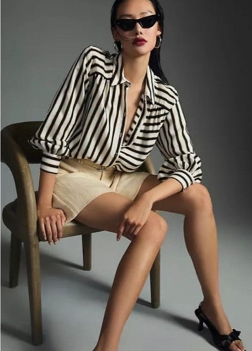 Anthropologie Maeve Silky Striped Button Down Shirt XL Black Cream Oversized